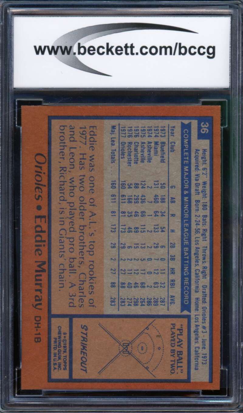 1978 Topps #36 Eddie Murray Rookie Card BGS BCCG 10 Mint+ Image 2