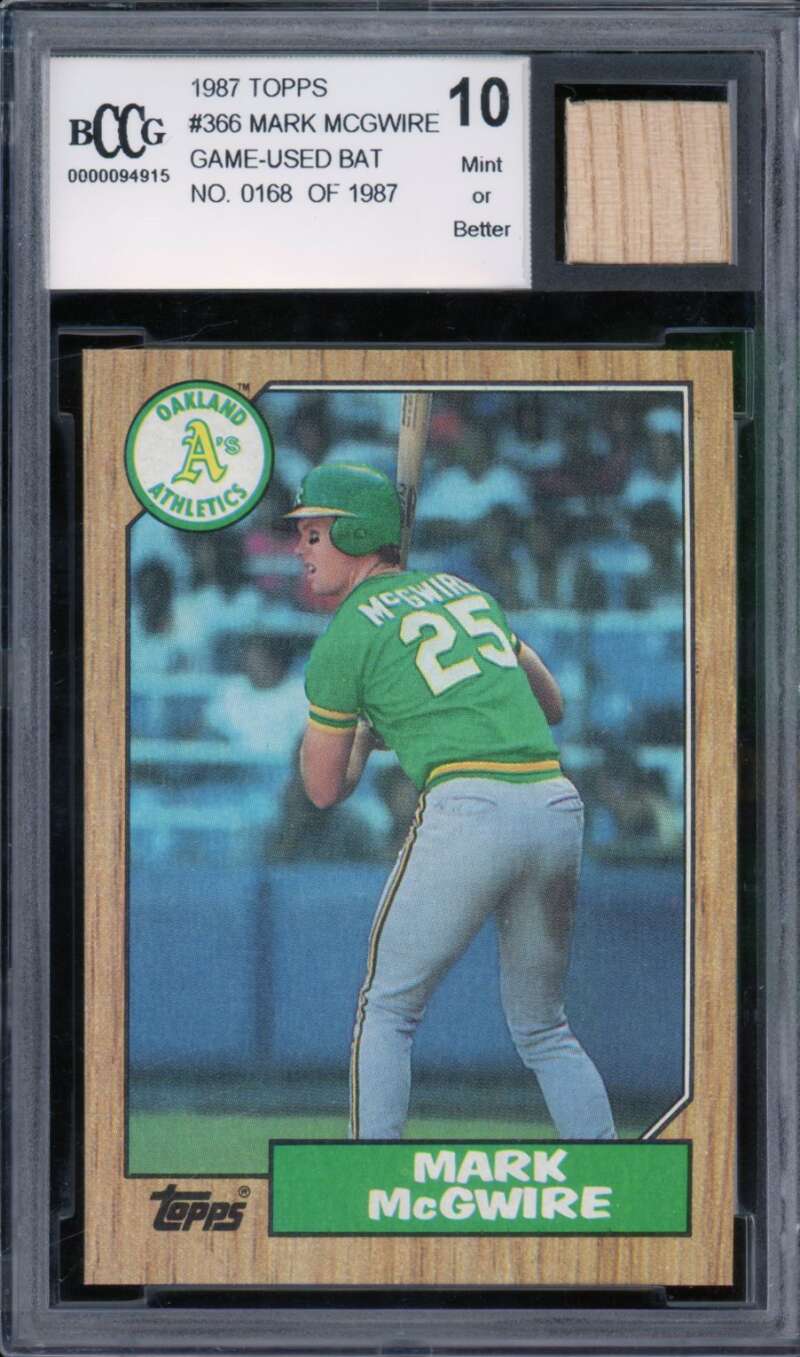 1987 Topps #366 Mark McGwire Game Used Bat Rookie Card BGS BCCG 10 Mint+ Image 1