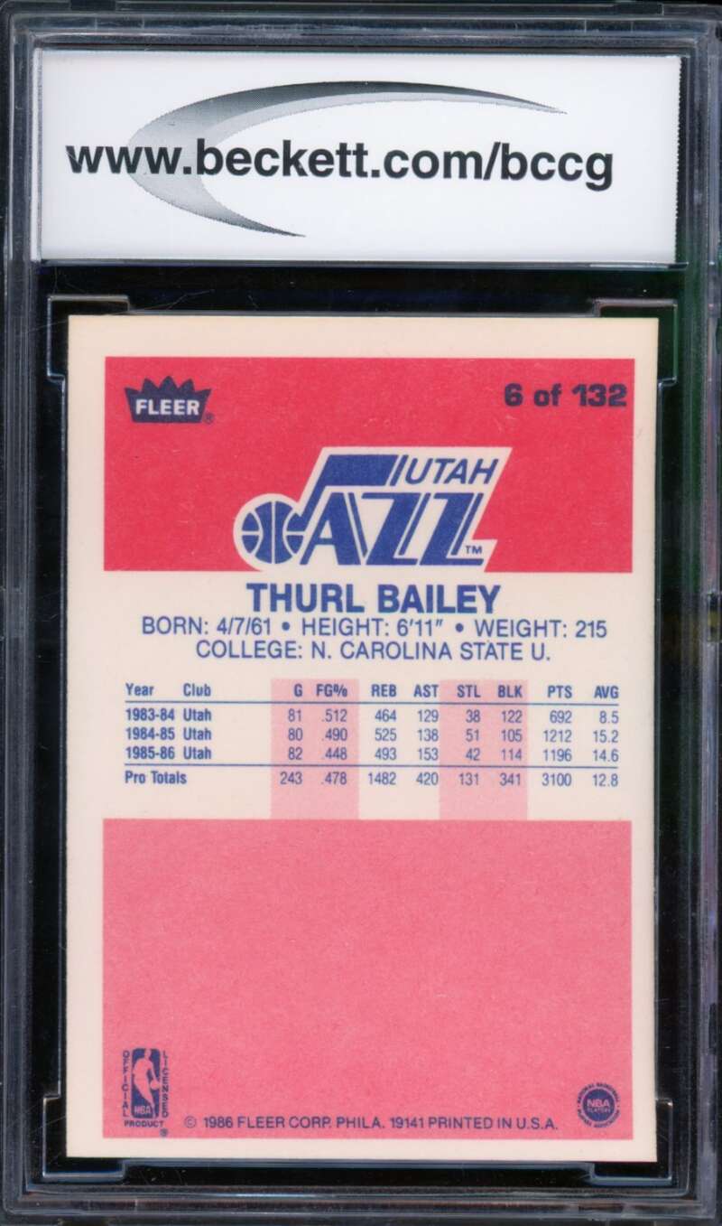 1986-87 Fleer #6 Thurl Bailey Rookie Card BGS BCCG 10 Mint+ Image 2