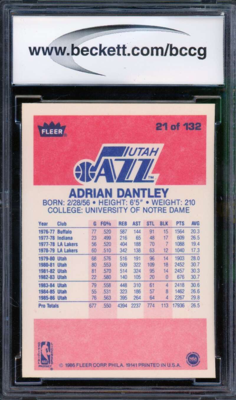 1986-87 Fleer #21 Adrian Dantley Card BGS BCCG 10 Mint+ Image 2