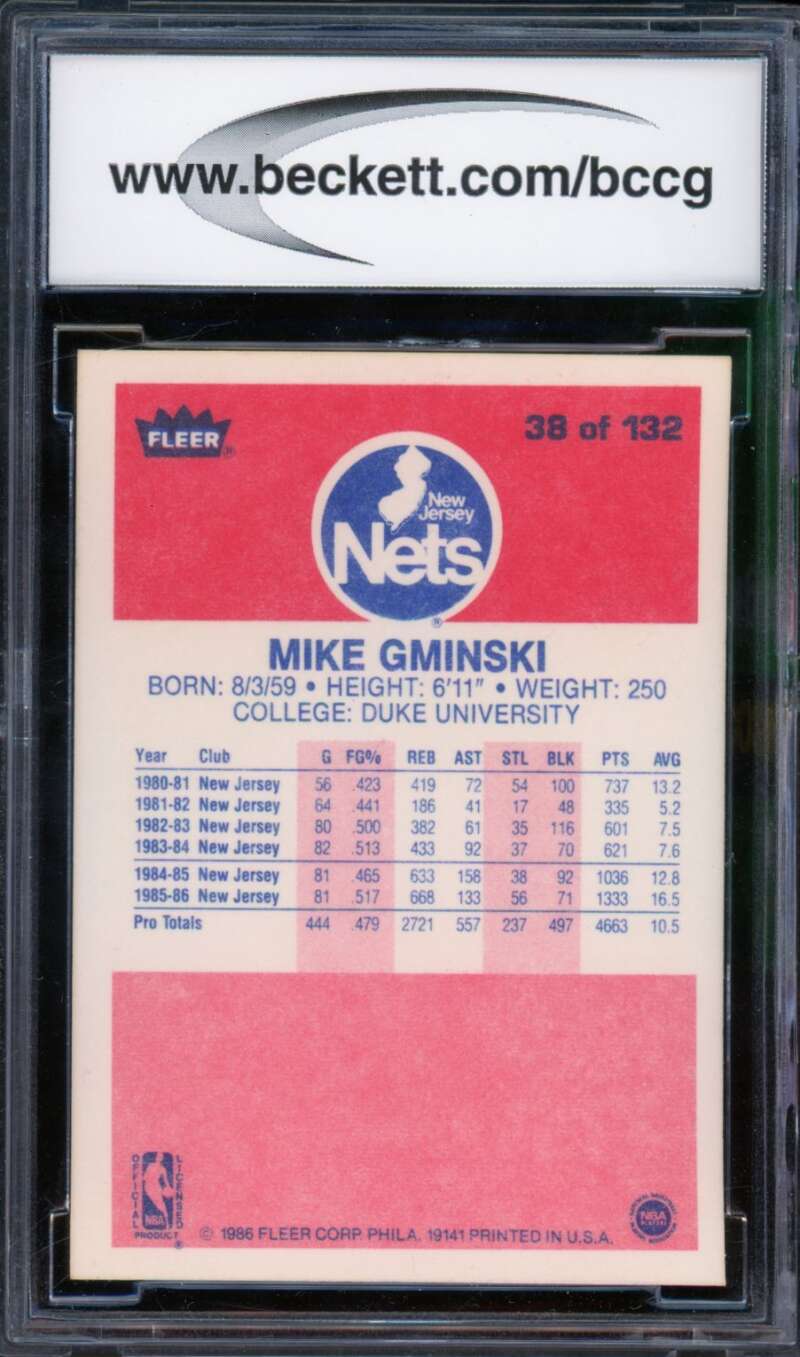 1986-87 Fleer #38 Mike Gminski Card BGS BCCG 10 Mint+ Image 2