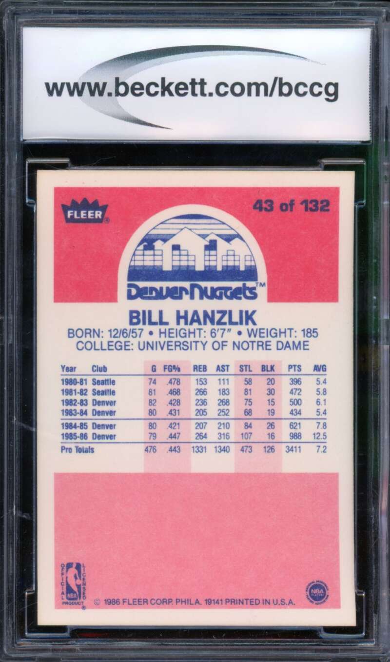 1986-87 Fleer #43 Bill Hanzlik Card BGS BCCG 10 Mint+ Image 2