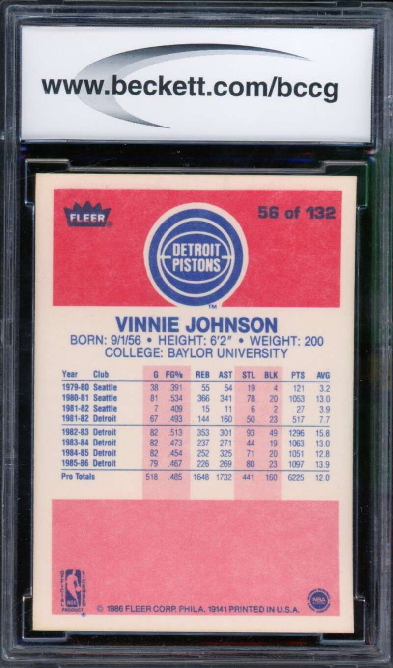 1986-87 Fleer #56 Vinnie Johnson Card BGS BCCG 10 Mint+ Image 2