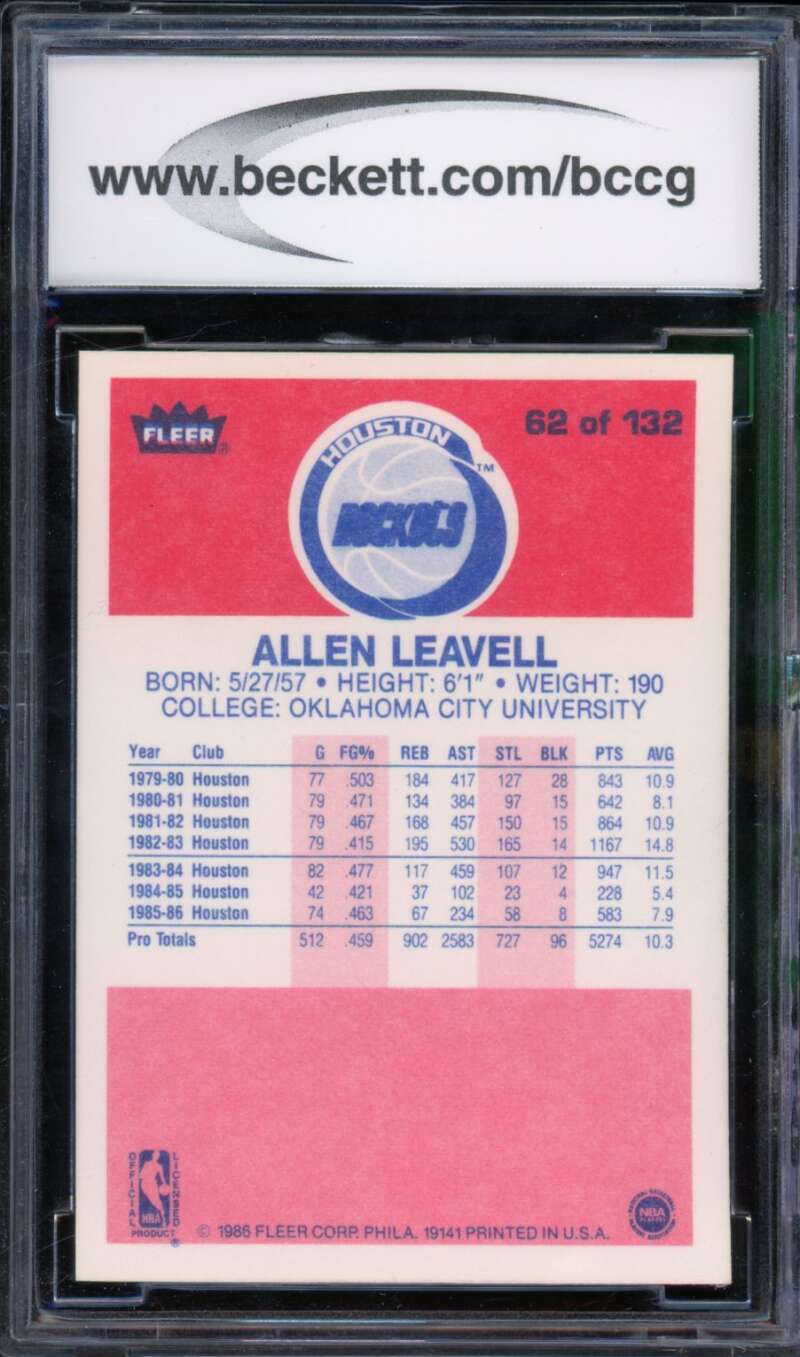 1986-87 Fleer #62 Allen Leavell Card BGS BCCG 10 Mint+ Image 2