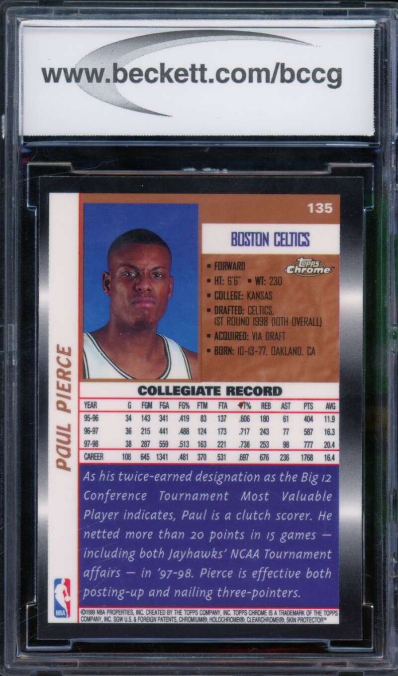 1998-99 Topps Chrome #135 Paul Pierce Rookie Card BGS BCCG 10 Mint+ Image 2