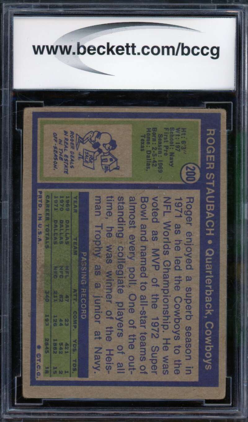 1972 Topps #200 Roger Staubach Rookie Card BGS BCCG 7 Very Good+ Image 2