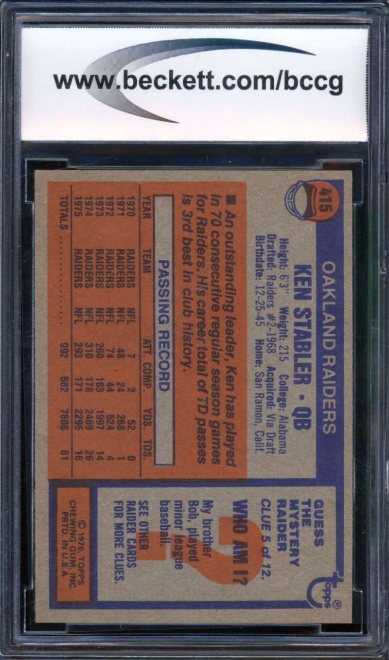 1976 Topps #415 Ken Stabler Rookie Card BGS BCCG 10 Mint+ Image 2