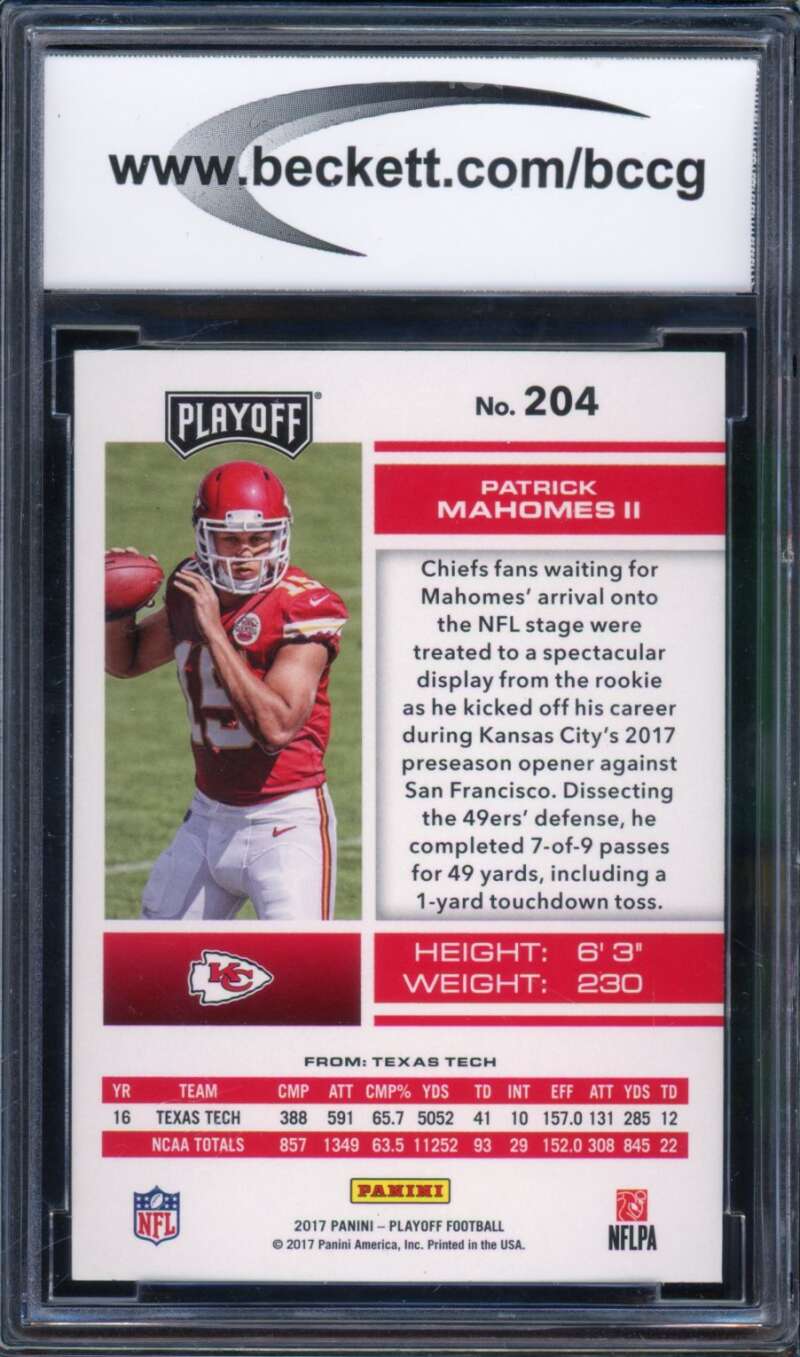 2017 Playoff Red Zone #204 Patrick Mahomes II Card BGS BCCG 10 Mint+ Image 2