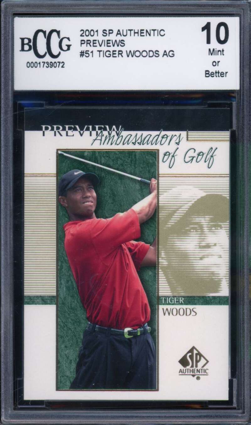 2001 SP Authentic Previews #51 Tiger Woods Rookie Card BGS BCCG 10 Mint+ Image 1