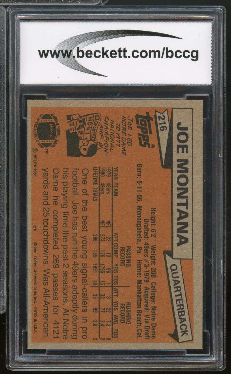 1981 Topps #216 Joe Montana Rookie Card BGS BCCG 10 Mint++ Image 2
