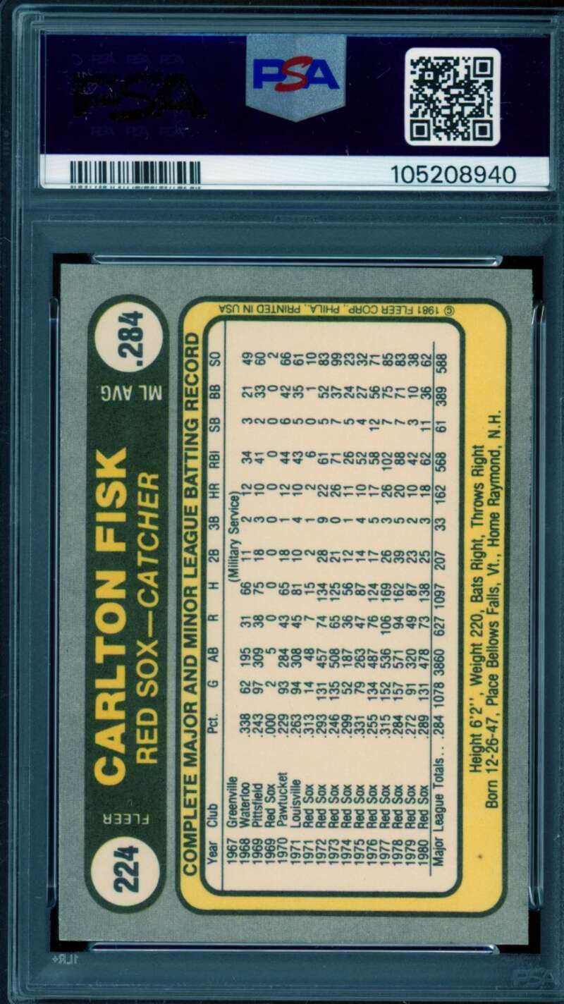 Carlton Fisk Card 1981 Fleer #224 PSA 8 Image 2