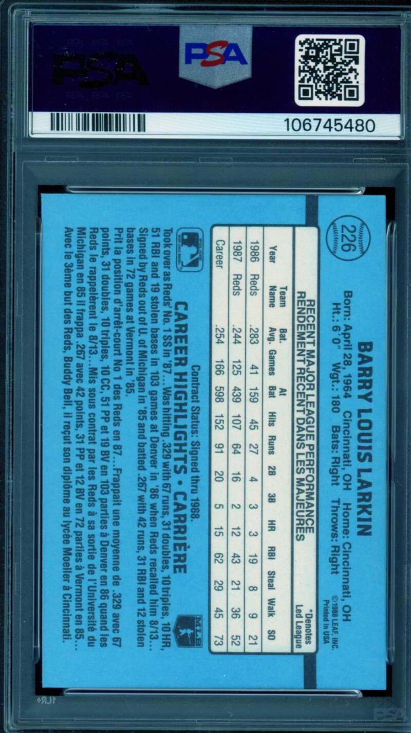 Barry Larkin Card 1988 Leaf (pop 16) #226 PSA 9 Image 2