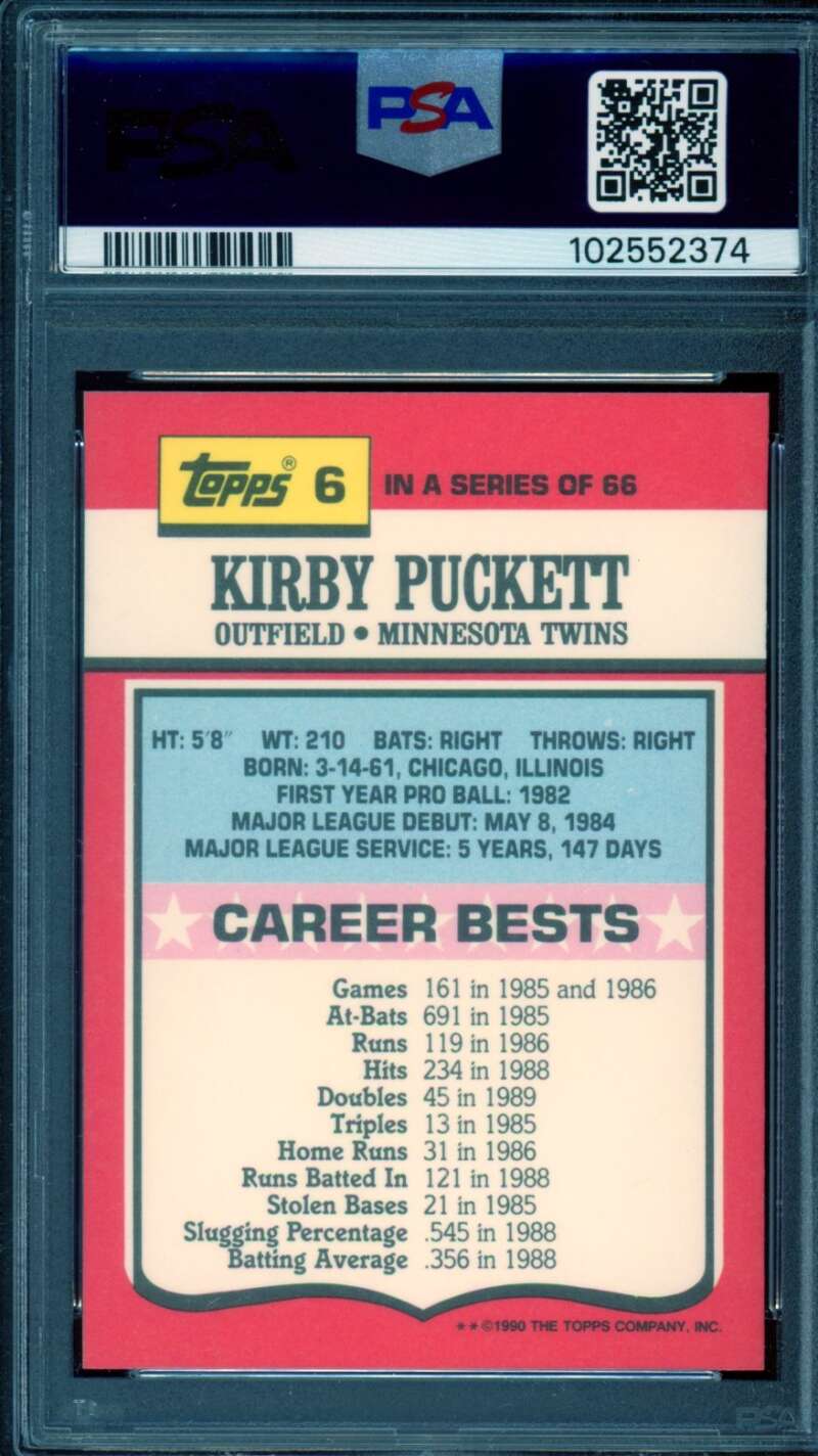 Kirby Puckett Card 1990 Topps Tv All-Stars #6 PSA 8 Image 2