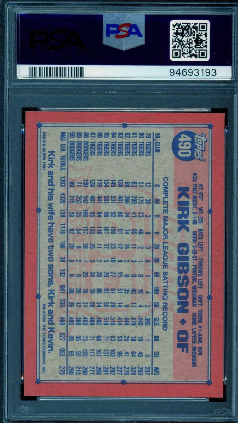 Kirk Gibson Card 1991 Topps #490 PSA 9 Image 2