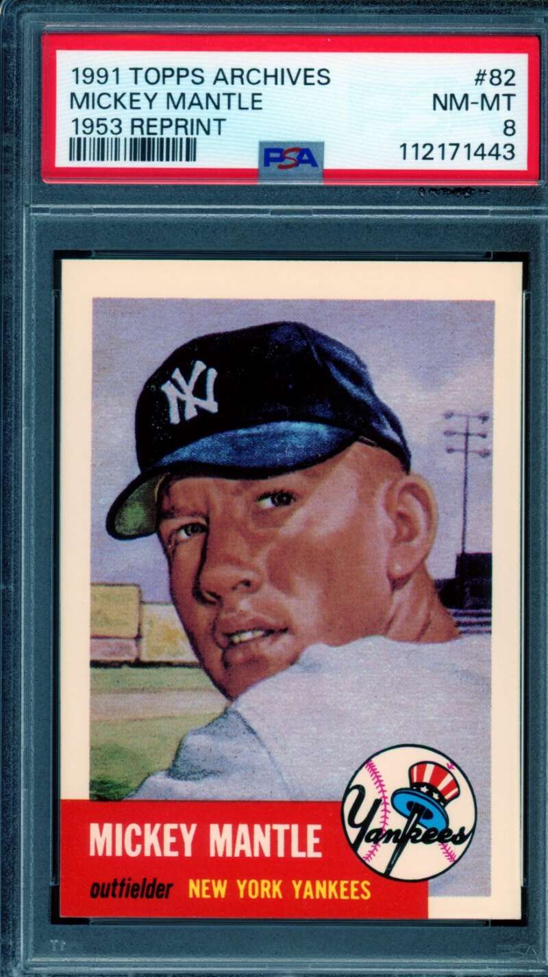 Mickey Mantle Card 1991 Topps Archives 1953 Reprint #82 PSA 8 Image 1