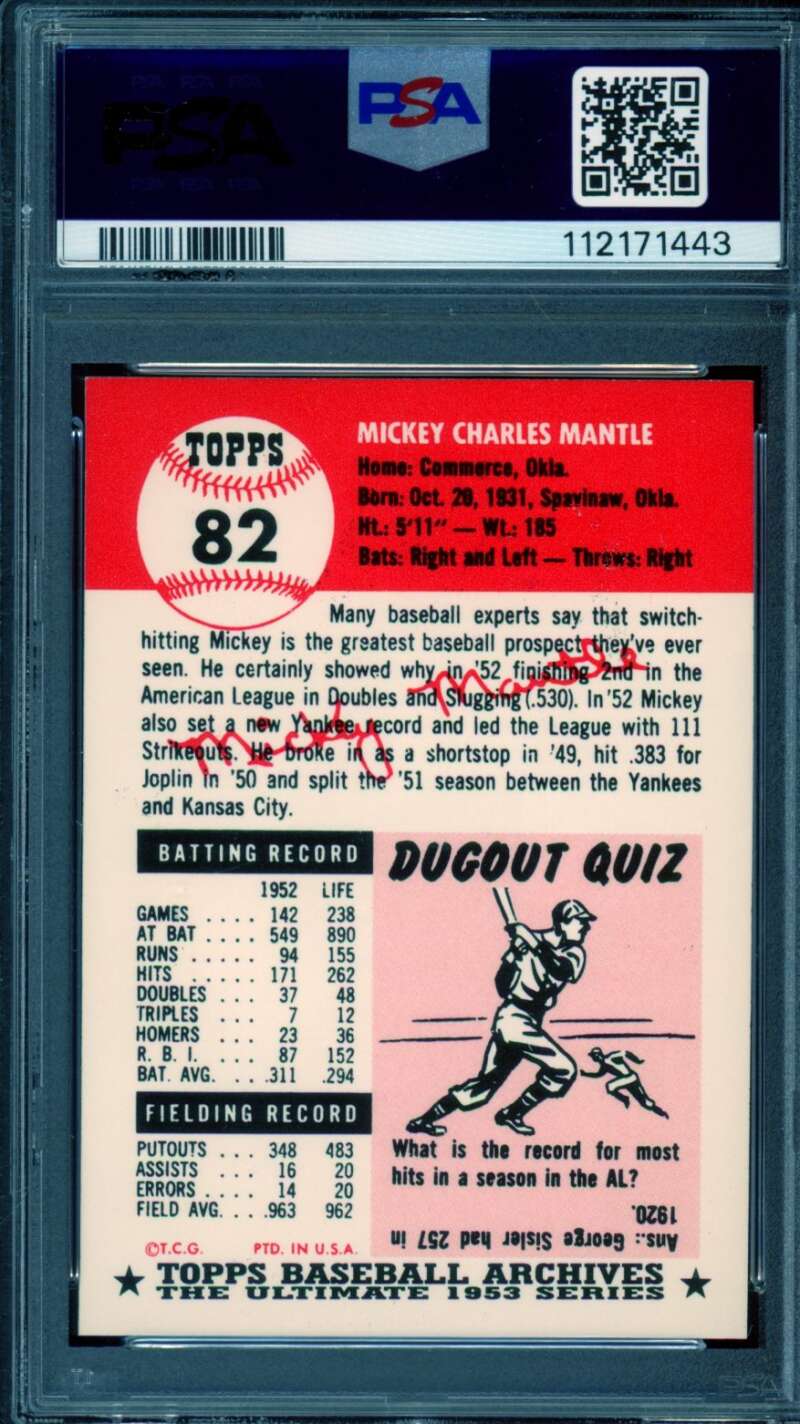 Mickey Mantle Card 1991 Topps Archives 1953 Reprint #82 PSA 8 Image 2