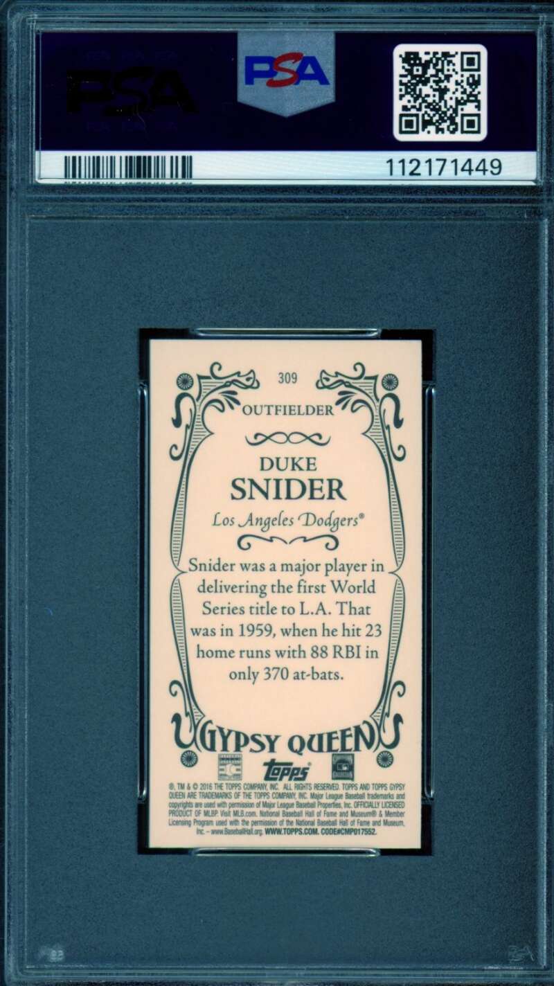 Duke Snider Card 2016 Topps Gypsy Queen Mini Foil (pop 1) #309 PSA 9 Image 2