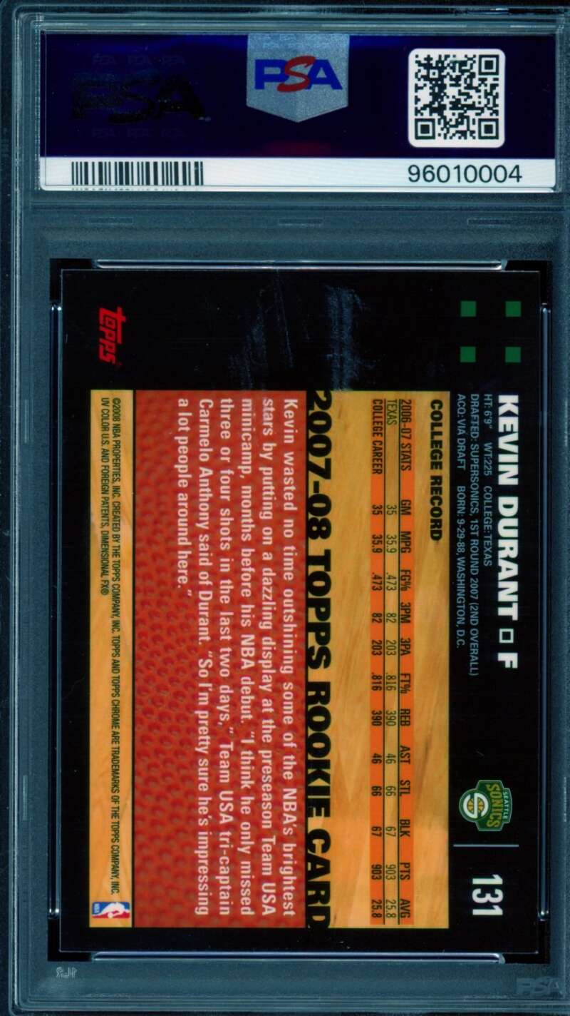 Kevin Durant Rookie Card 2007-08 Topps Chrome #131 PSA 9 Image 2
