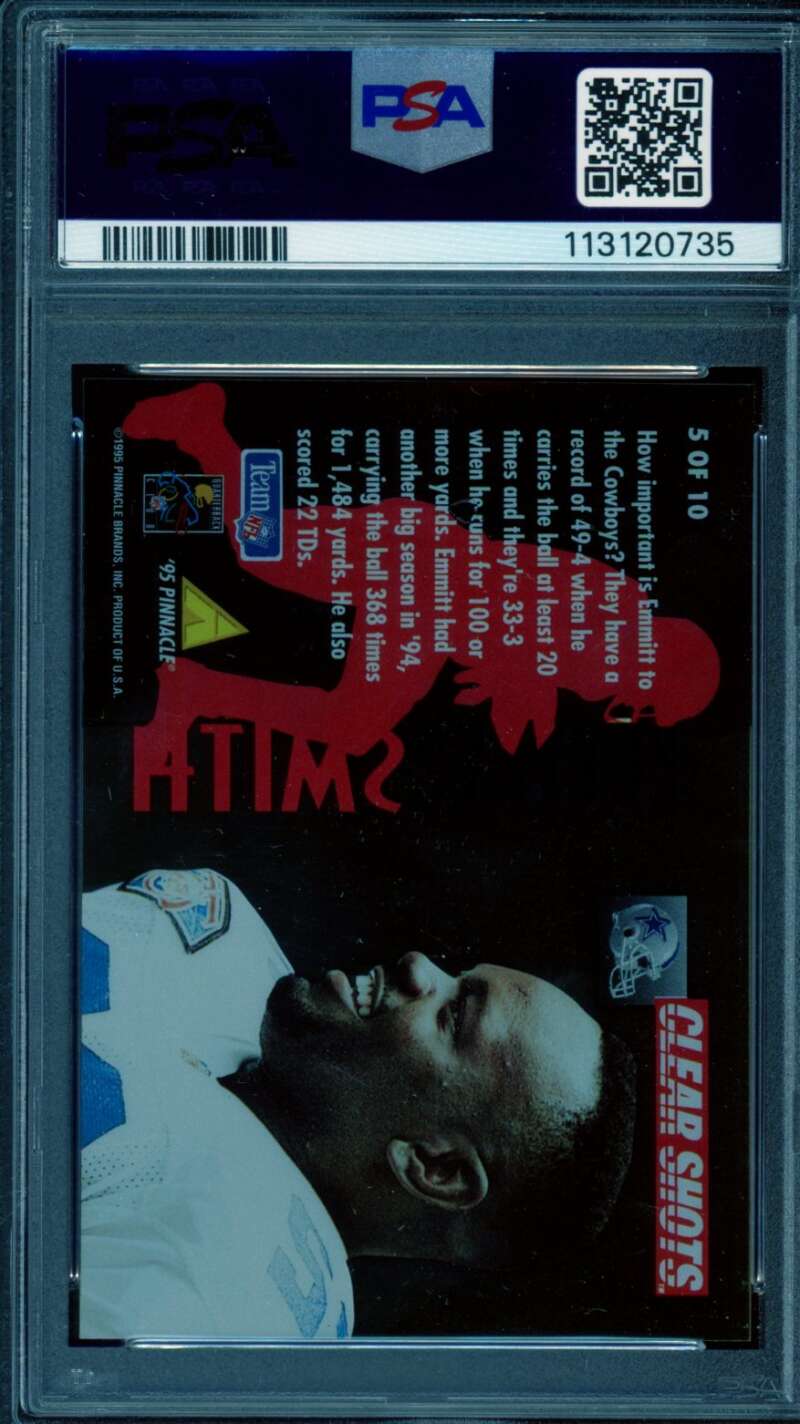 Emmitt Smith Card 1995 Pinnacle Clear Shots (pop 8) #5 PSA 9 Image 2