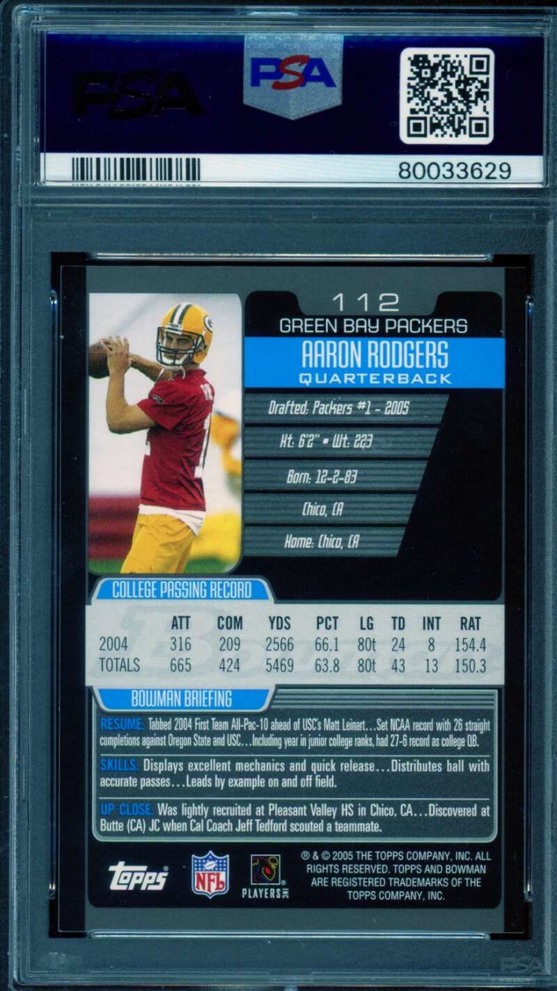 Aaron Rodgers Rookie Card 2005 Bowman #112 PSA 9 Image 2