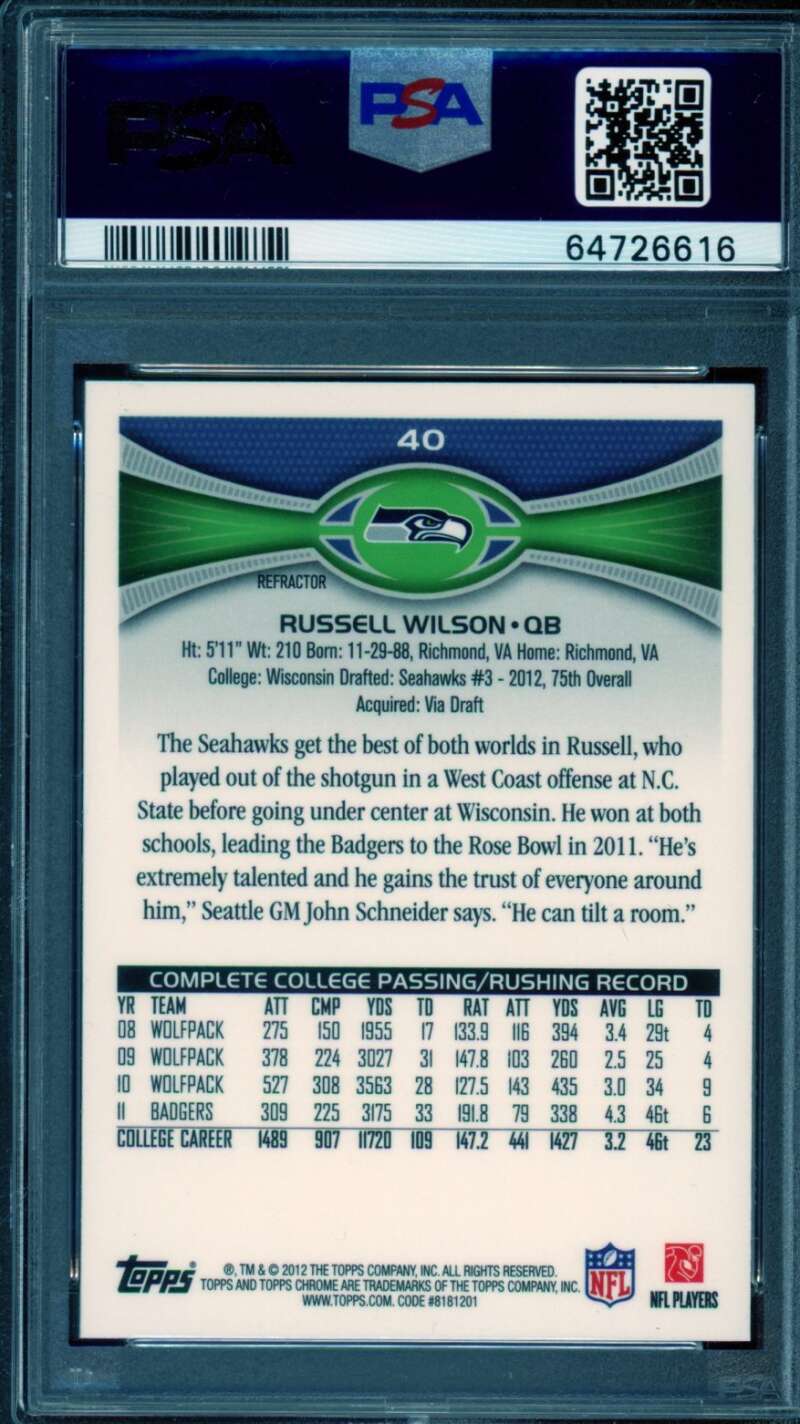 Russell Wilson Rookie Card 2012 Topps Chrome Refractor #40 PSA 9 Image 2