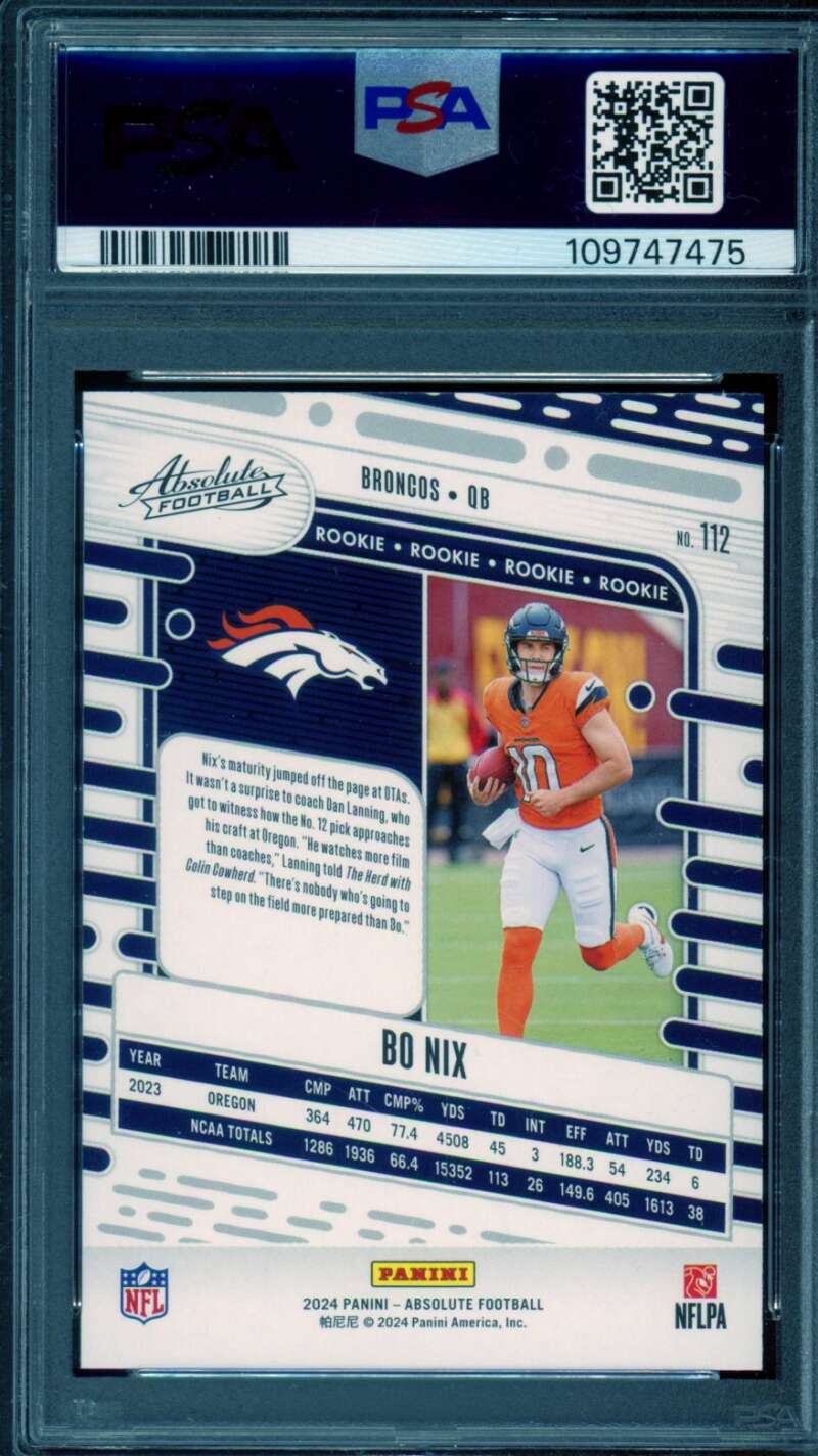 Bo Nix Rookie Card 2024 Absolute Red And Blue #112 PSA 9 Image 2