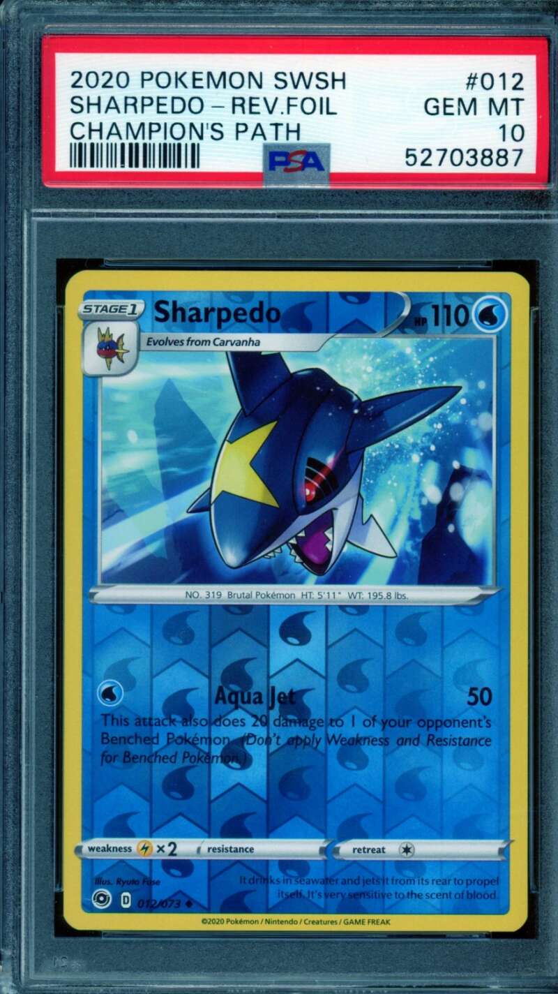 Sharpedo 2020 Pokemon Swsh Reverse Foil Champion's Patch (pop 10) #012 PSA 10 Image 1