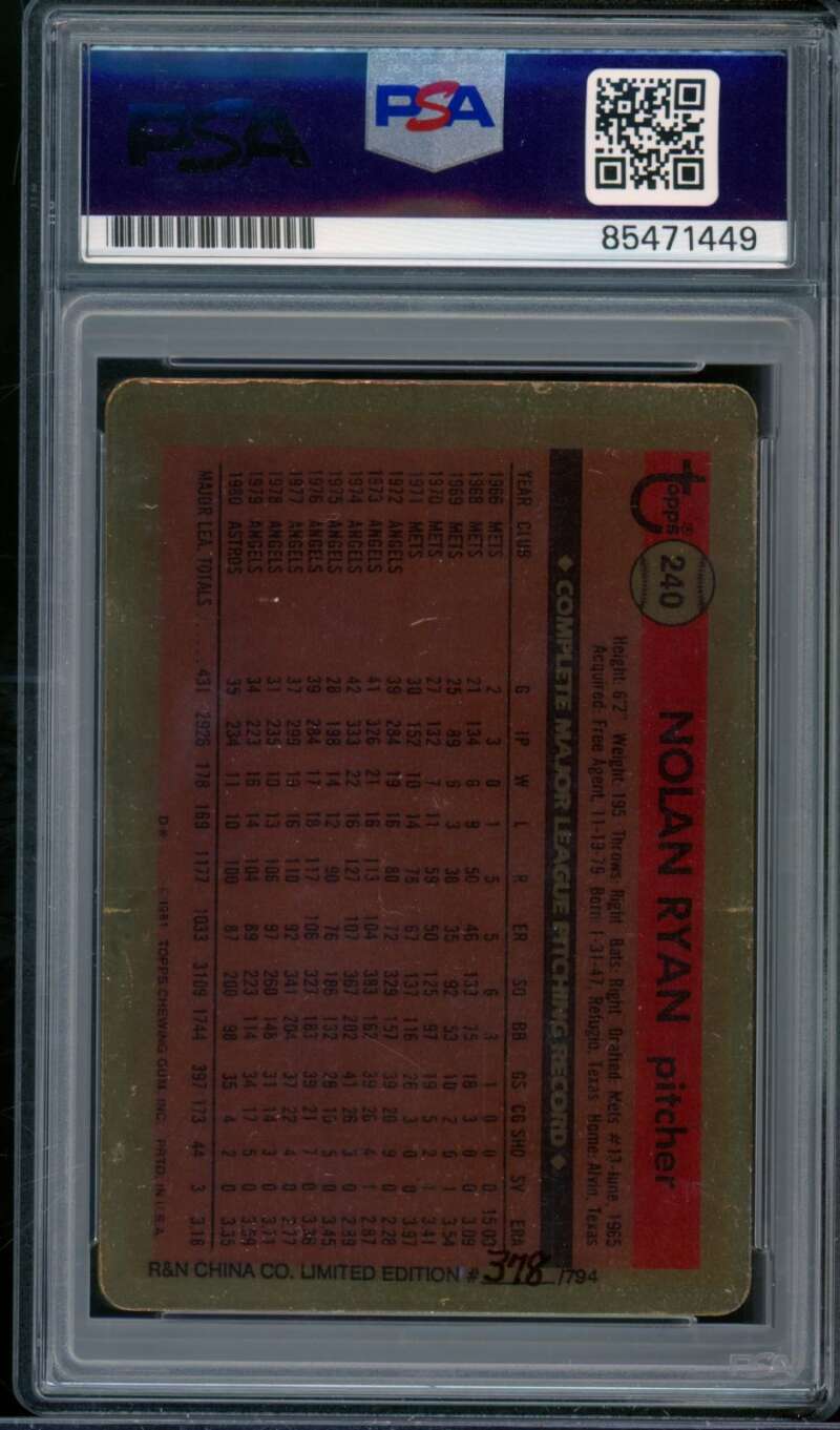 Nolan Ryan Card 1981 Topps Porcelain Autograph #240 PSA/DNA Authentic Auto Image 2