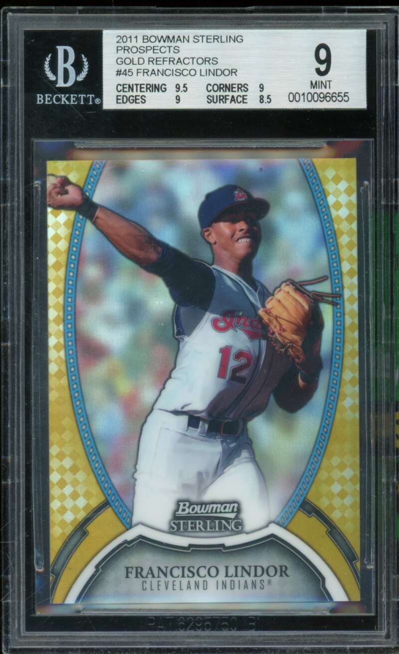 Francisco Lindor Rookie 2011 Bowman Sterling Prospects Gold Refractors #45 BGS 9 Image 1
