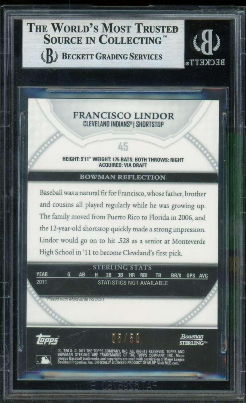 Francisco Lindor Rookie 2011 Bowman Sterling Prospects Gold Refractors #45 BGS 9 Image 2
