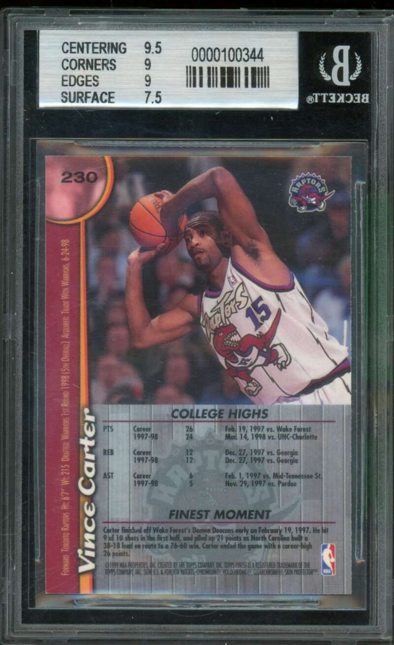 Vince Carter Rookie Card 1998-99 Finest #230 BGS 8.5 Image 2