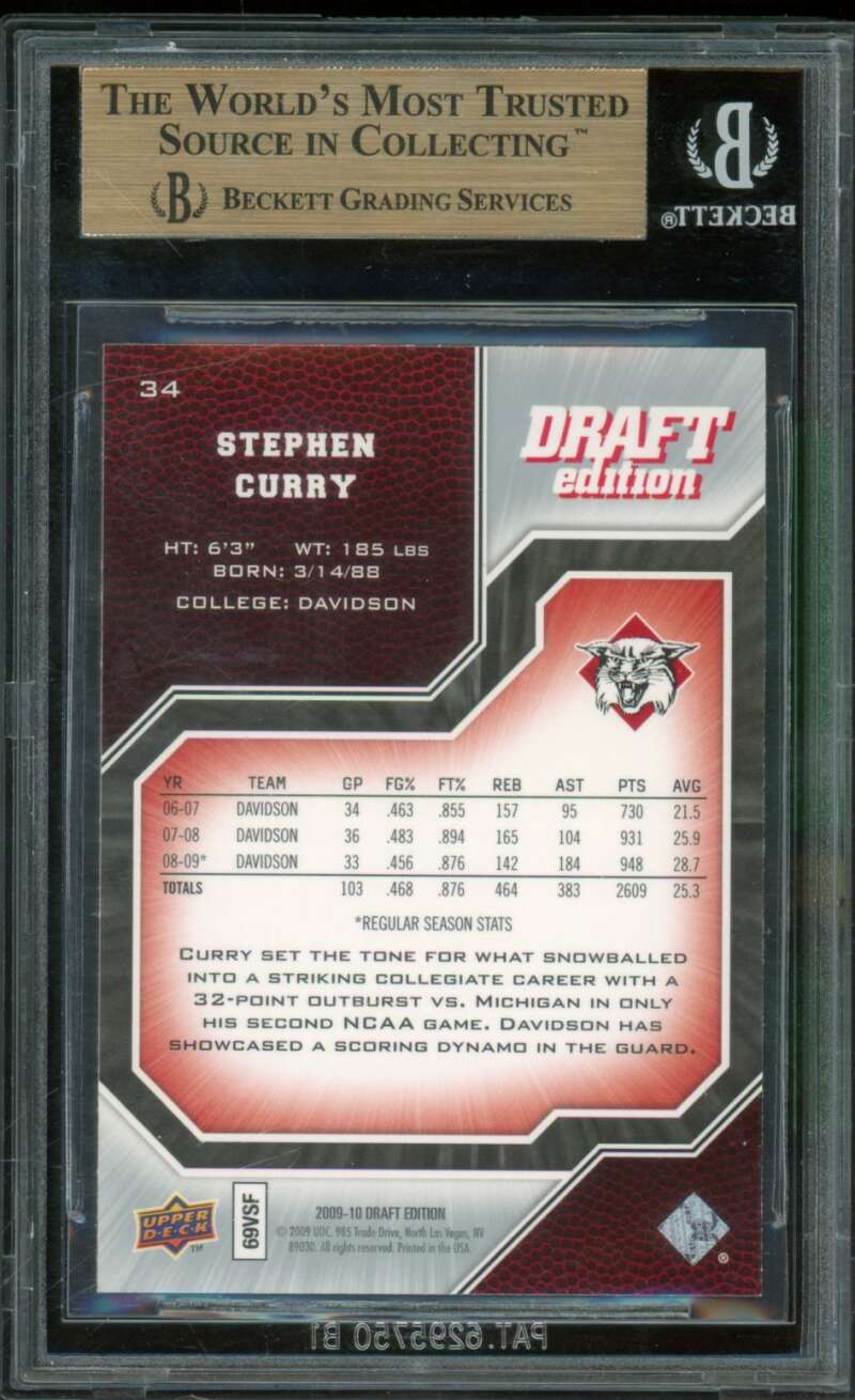 Stephen Curry Rookie Card 2009-10 UD Draft Edition #34 BGS 9.5 Image 2