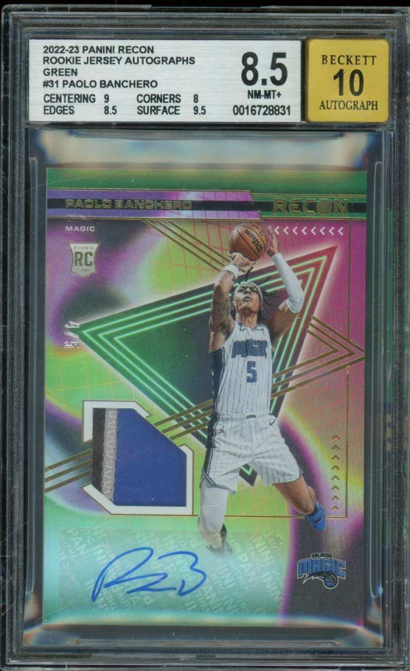 Paolo Banchero 2022-23 Panini Recon Rookie Jersey Auto Green (4/5) #31 BGS 8.5 Image 1
