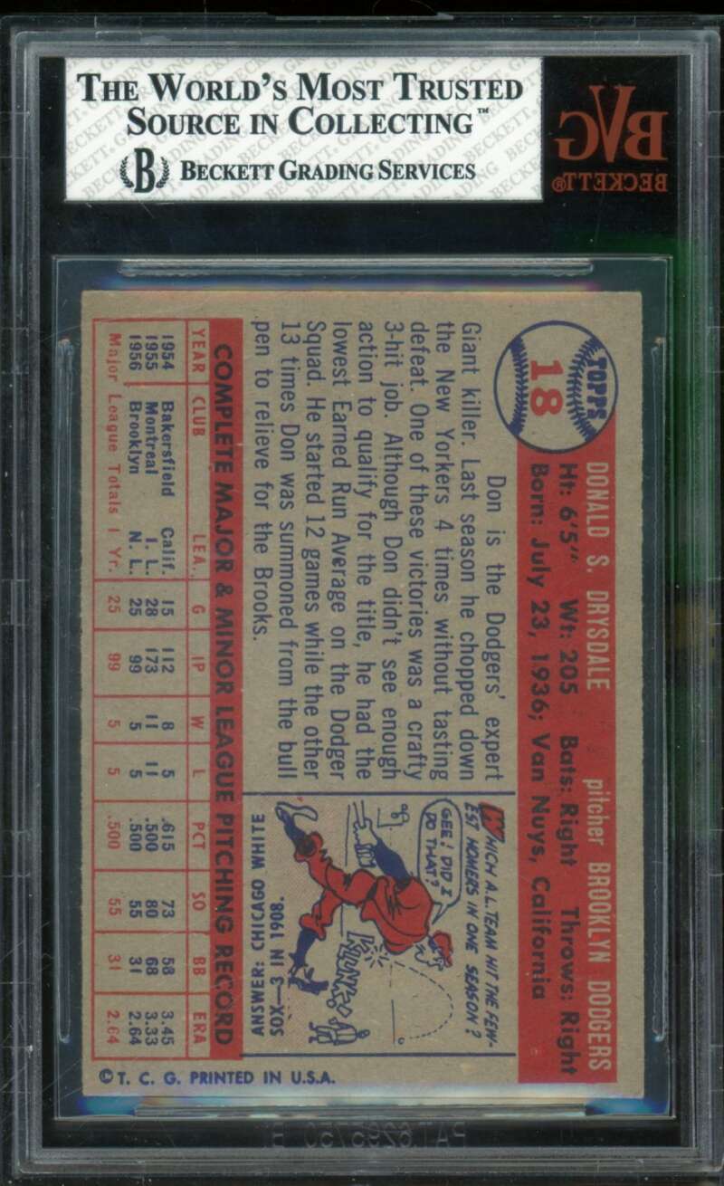 Don Drysdale Rookie Card 1957 Topps #18 BGS BVG 6.5 Image 2