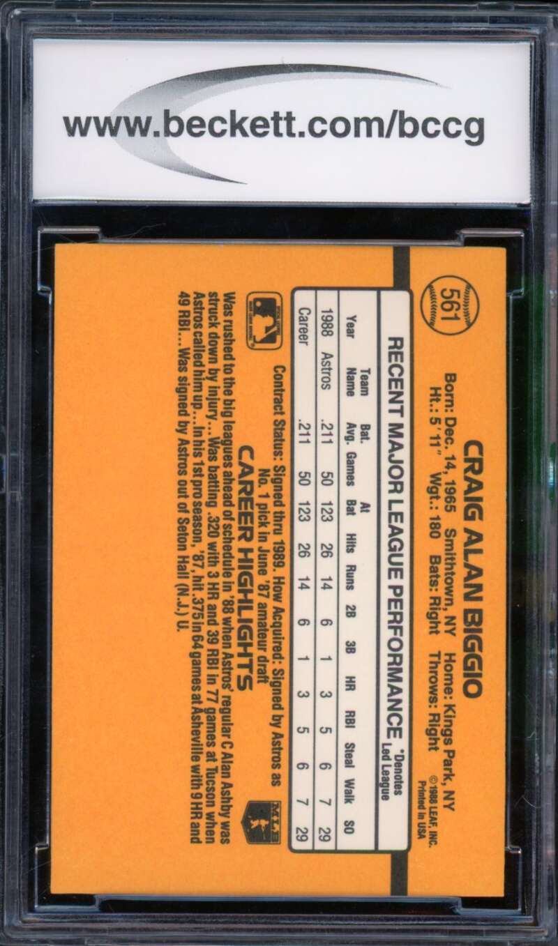 Craig Biggio Rookie Card 1989 Donruss #561 BGS BCCG 10 Image 2