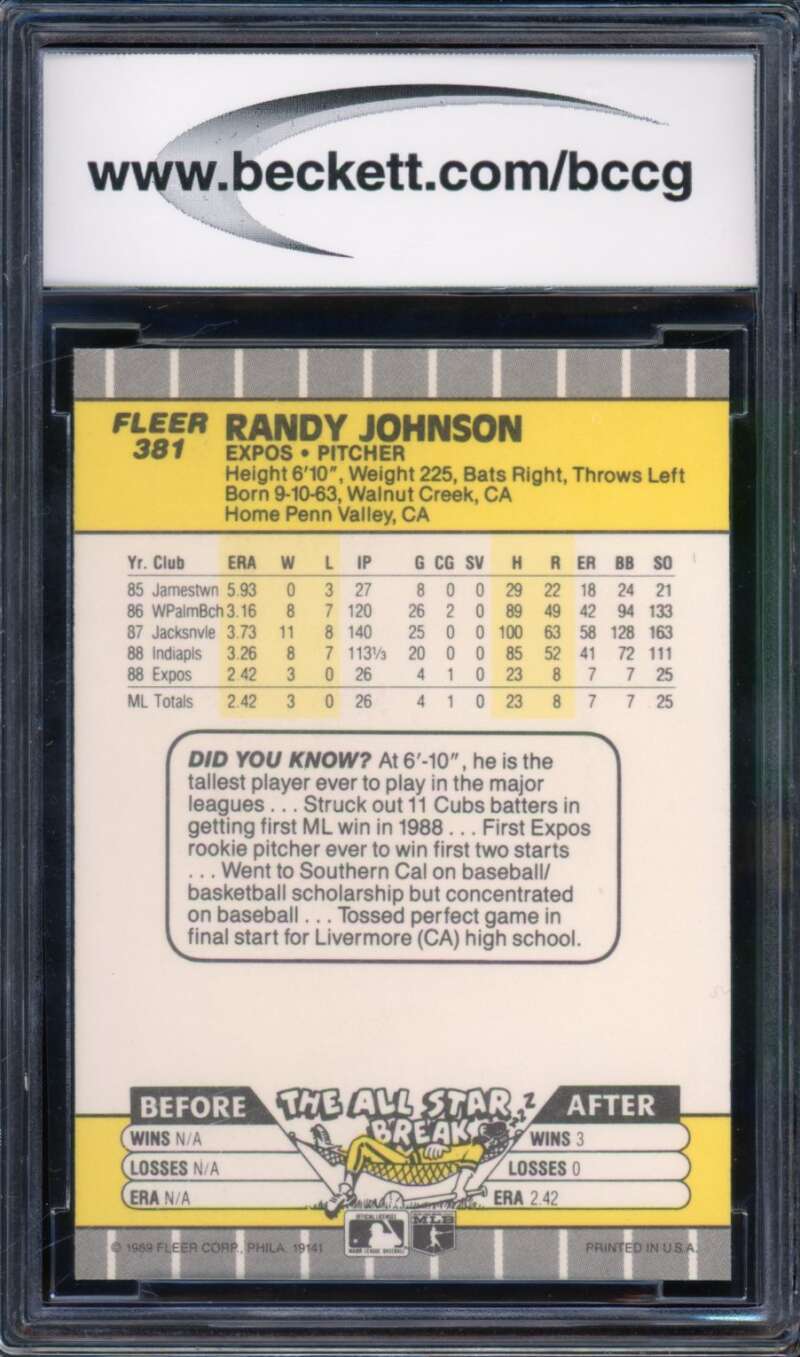 Randy Johnson Rookie Card 1989 Fleer #381 BGS BCCG 9 Image 2