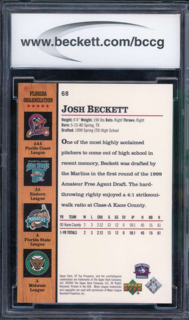 Josh Beckett Rookie Card 2001 SP Top Prospects #68 BGS BCCG 10 (Cracked Holder) Image 2