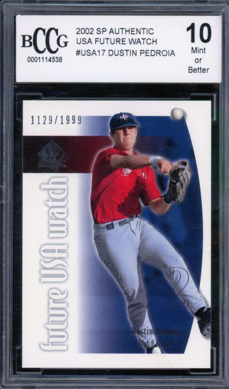 Dustin Pedroia Rookie Card 2002 SP Authentic #USA17 BGS BCCG 10 Image 1