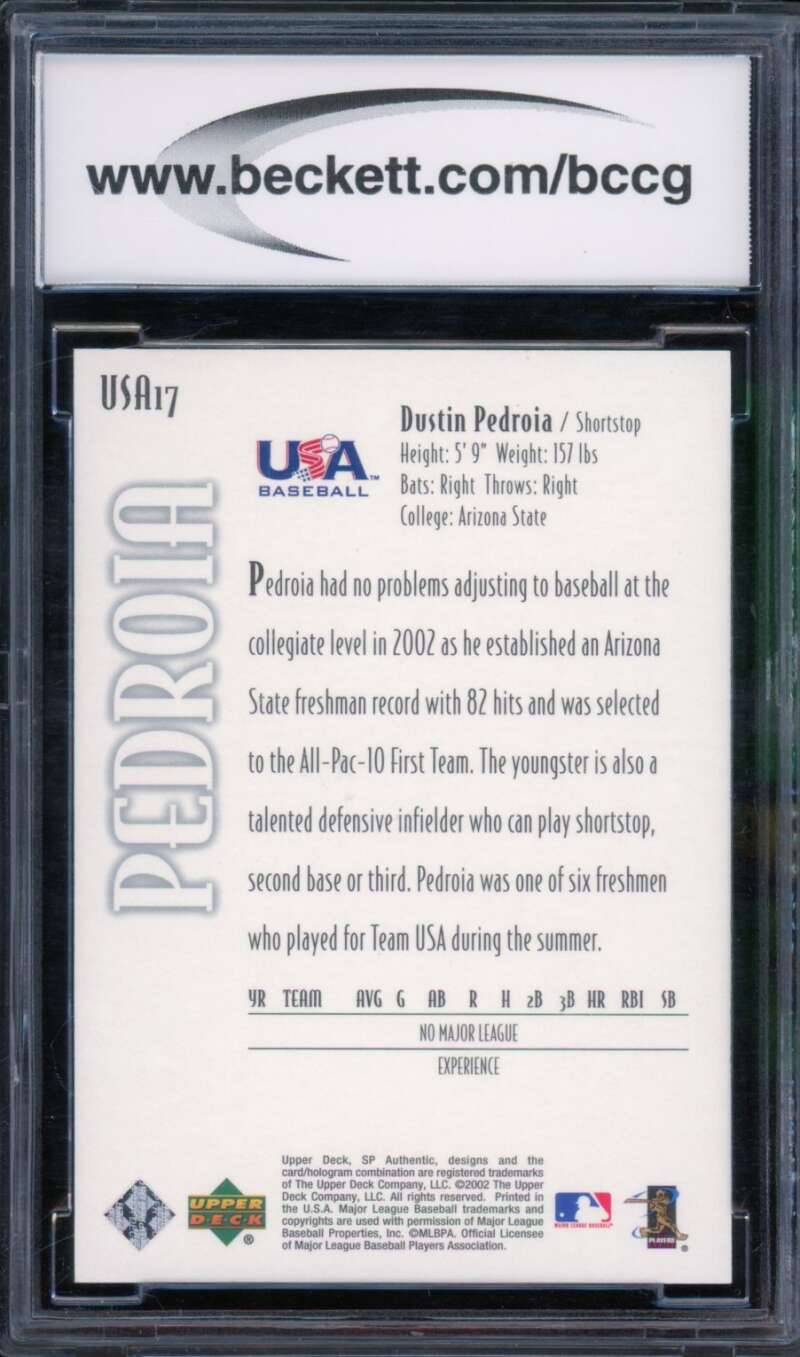 Dustin Pedroia Rookie Card 2002 SP Authentic #USA17 BGS BCCG 10 Image 2