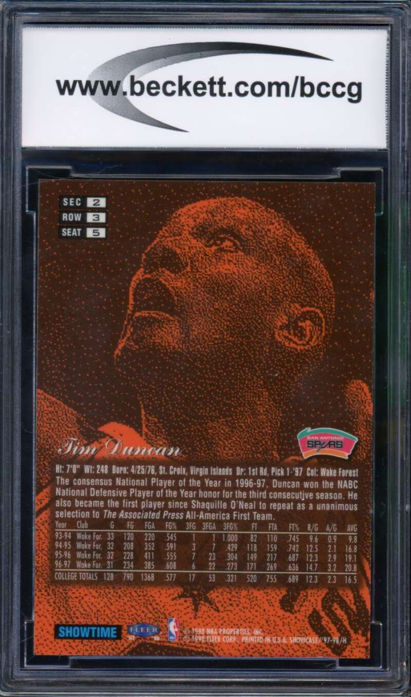Tim Duncan Rookie Card 1997-98 Flair Showcase Row 3 #5 BGS BCCG 10 Image 2