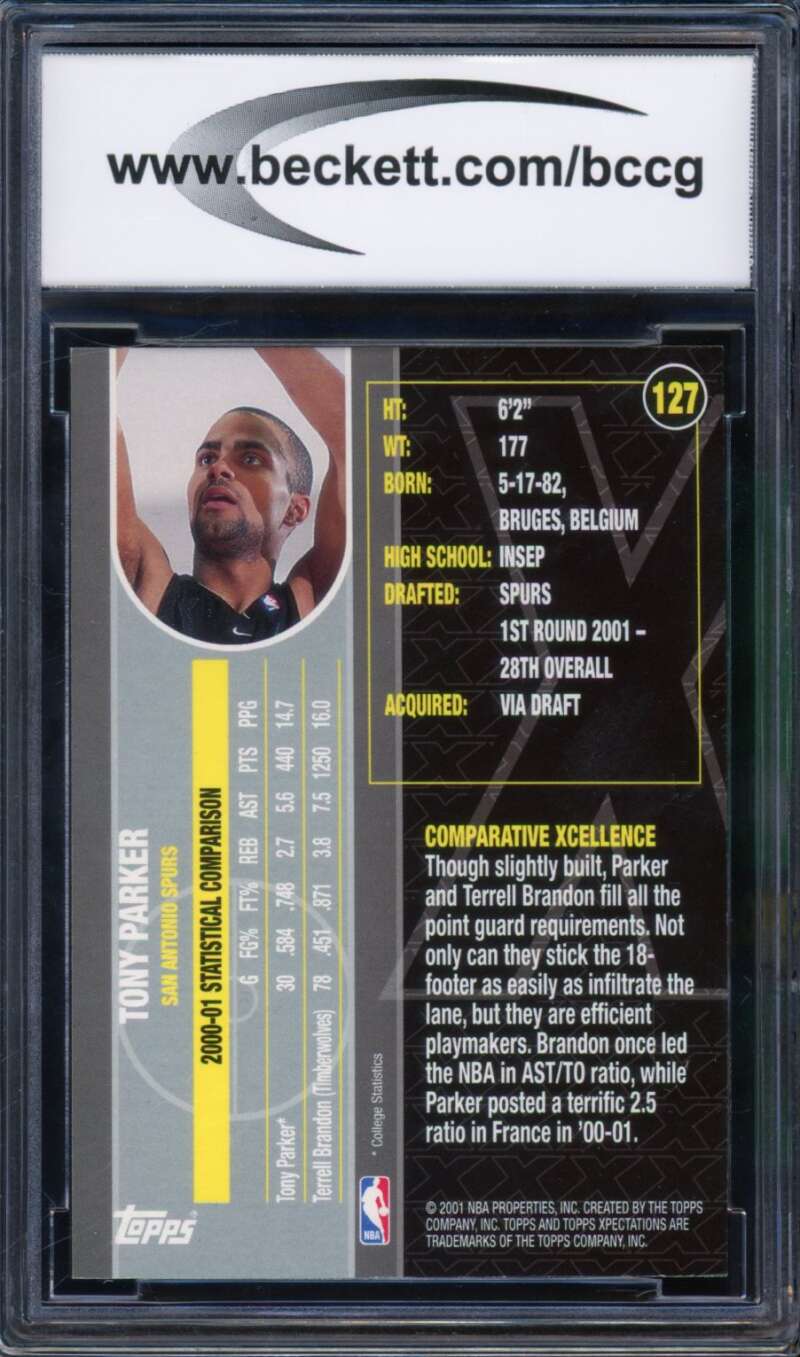 Tony Parker Rookie Card 2001-02 Topps Xpectations #127 BGS BCCG 10 Image 2