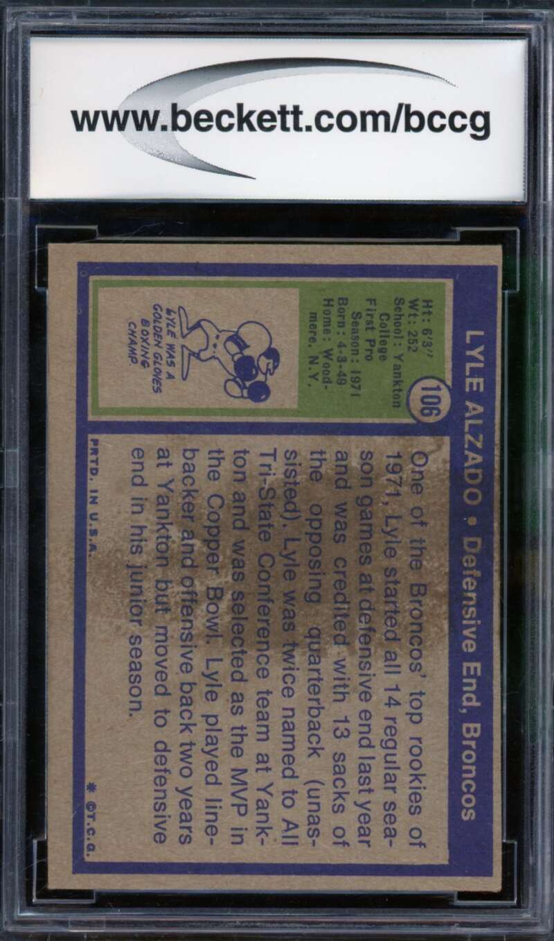 Lyle Alzado Rookie Card 1972 Topps #106 BGS BCCG 8 Image 2