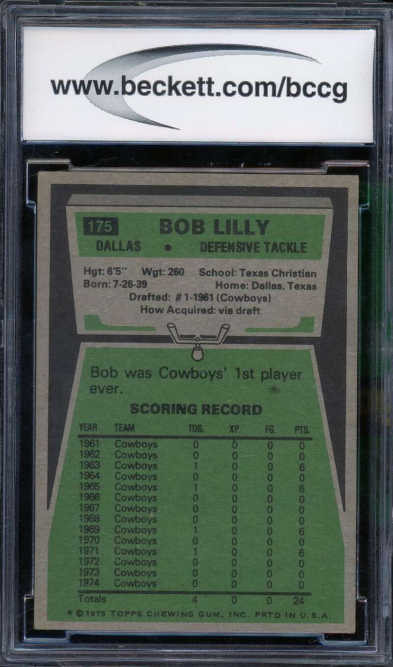 Bob Lilly Card 1975 Topps #175 BGS BCCG 8 Image 2