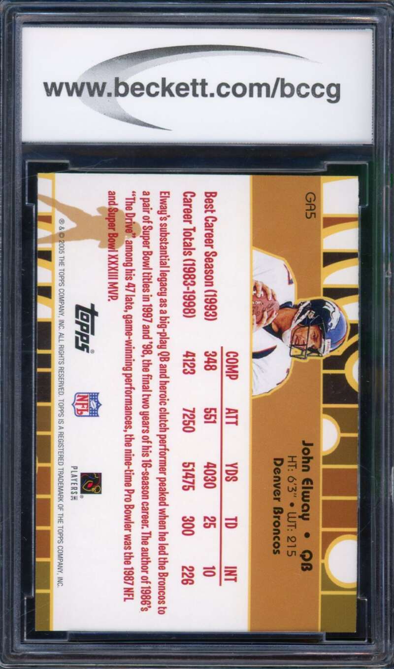 John Elway Card 2005 Topps Golden Anniversary Golden Greats #GA5 BGS BCCG 10 Image 2