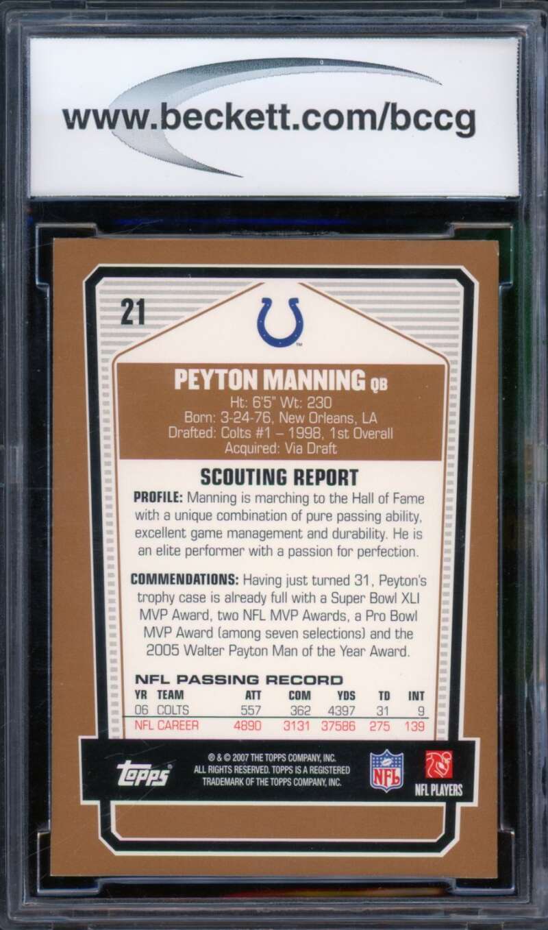 Peyton Manning Card 2007 Topps DPP #21 BGS BCCG 10 Image 2