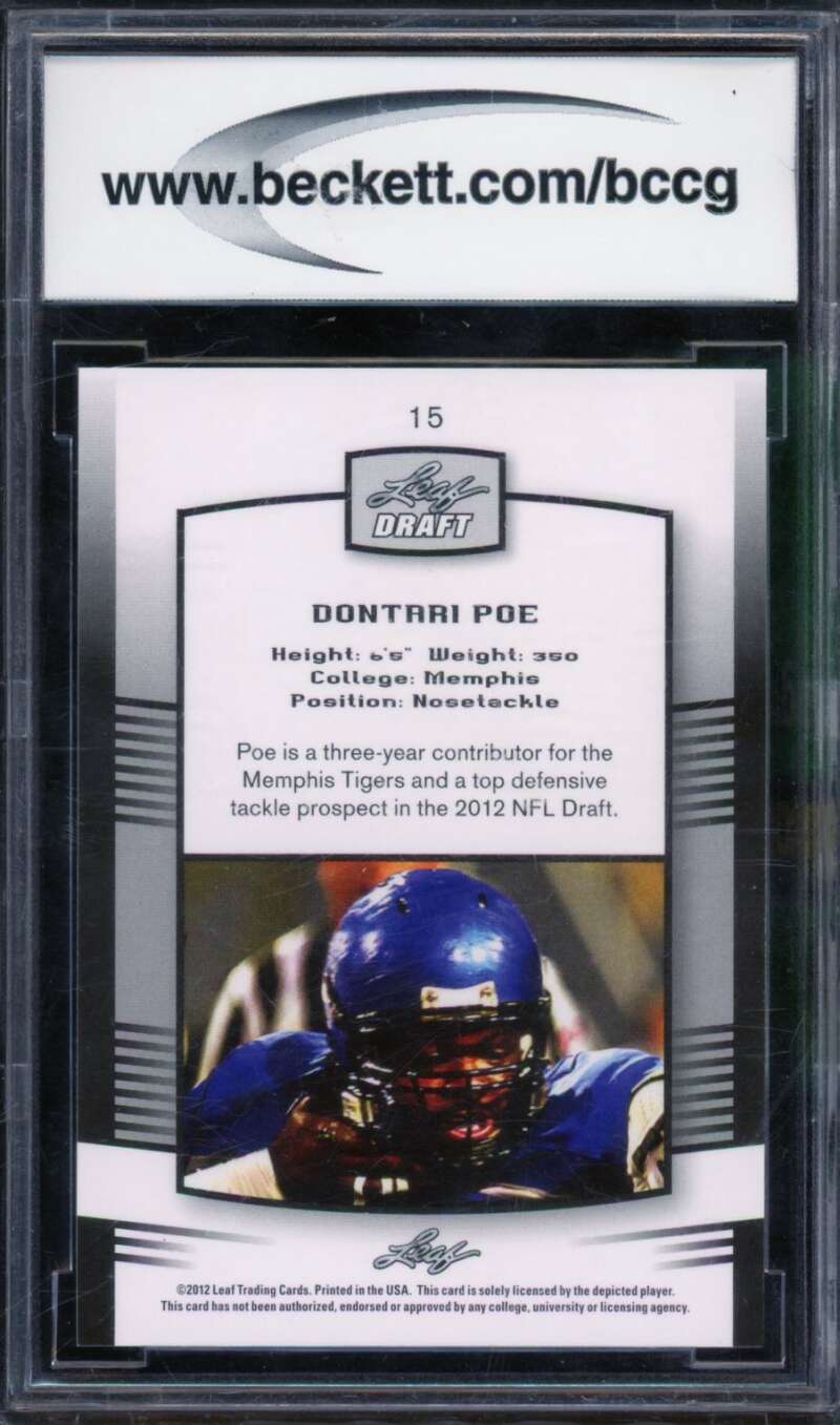 Dontari Poe Rookie Card 2012 Leaf Draft #15 BGS BCCG 10 Image 2