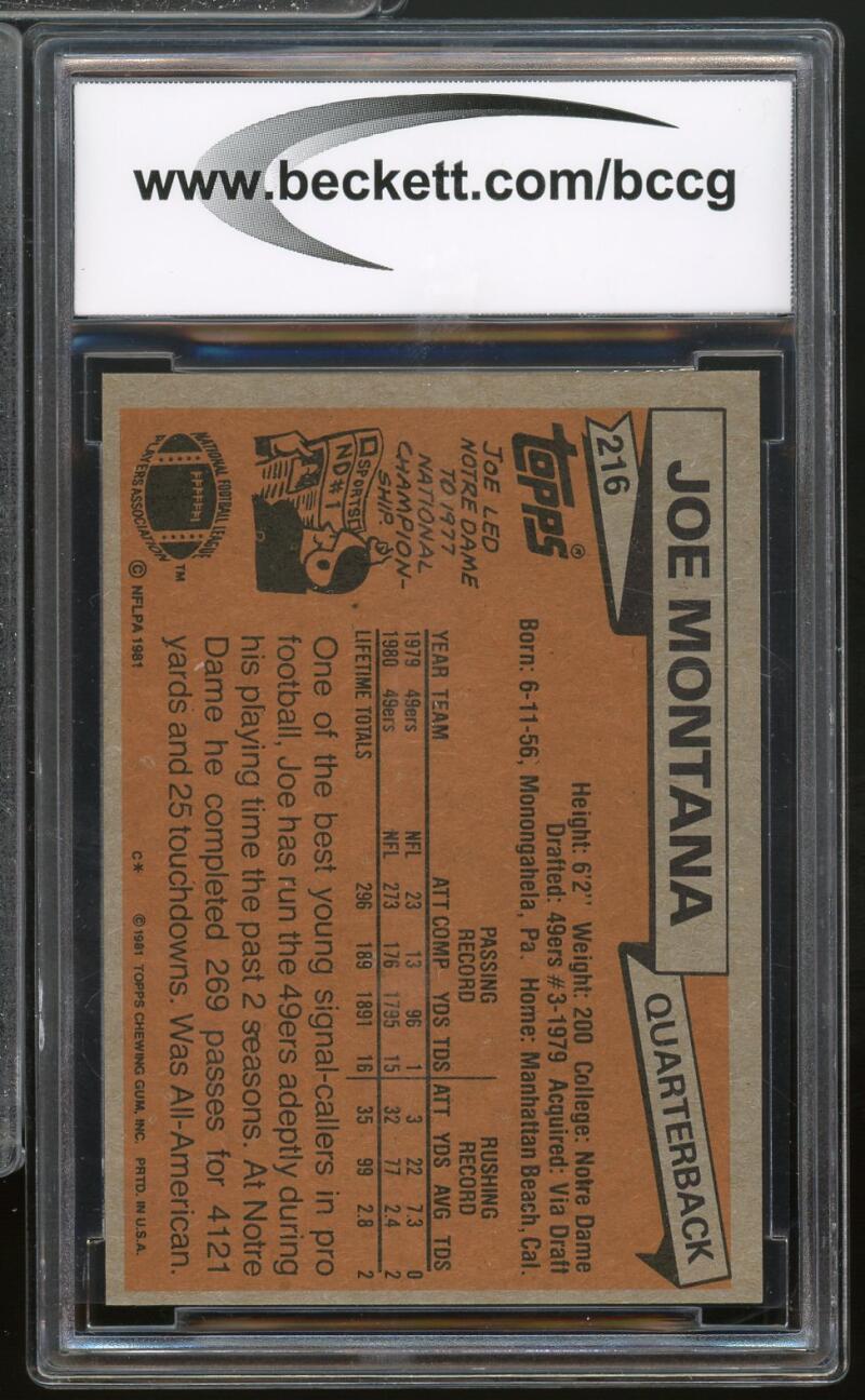 1981 Topps #216 Joe Montana Rookie Card BGS BCCG 9 Near Mint+ Image 2