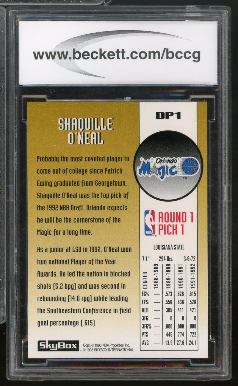 1992-93 SkyBox Draft Picks #DP1 Shaquille O'Neal Rookie Card BGS BCCG 10 Mint+ Image 2