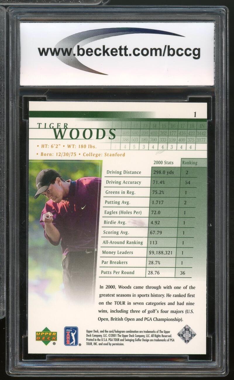 2001 Upper Deck #1 Tiger Woods Golf Rookie Card BGS BCCG 10 Mint+ Image 2