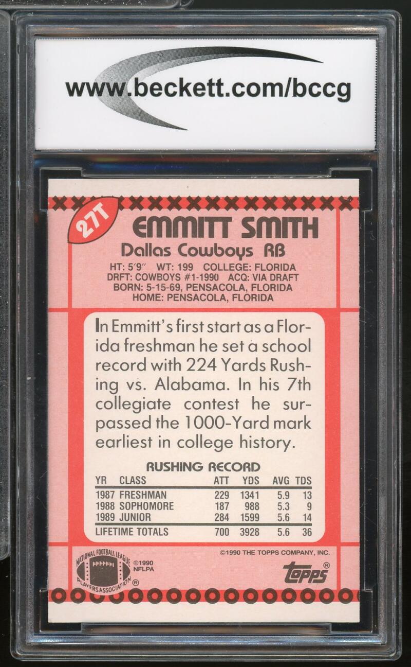 1990 Topps Traded #27T Emmitt Smith Rookie Card BGS BCCG 10 Mint+ Image 2